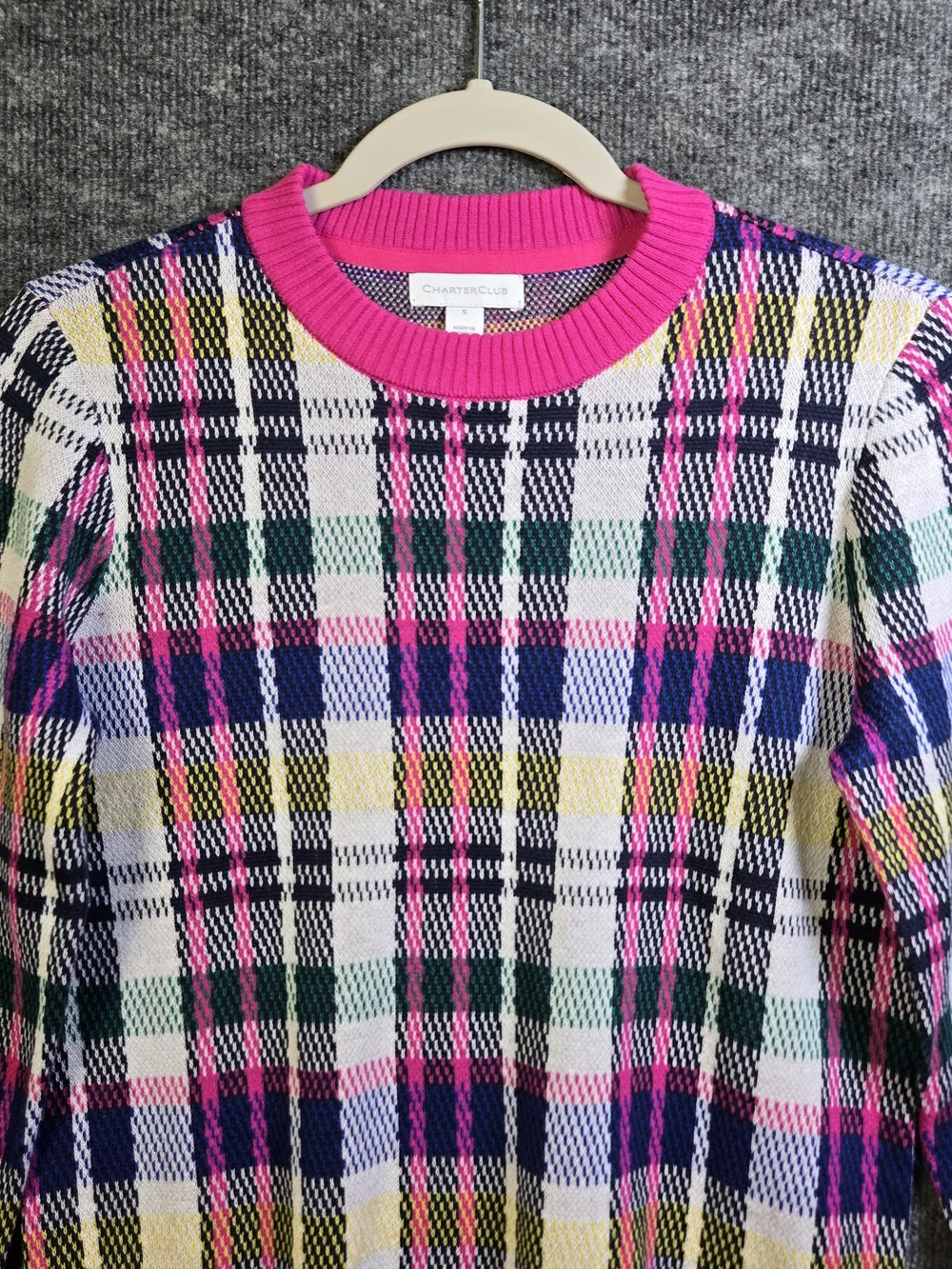 Charter Club Sweater Womens S Pink Black Plaid Whimsy Crew Neck Preppy New